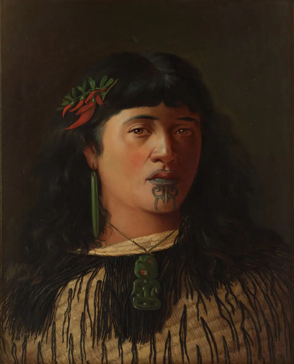 Retrato de una joven maorí con moko kauae (tatuaje en el mentón), óleo de Louis John Steele de 1891